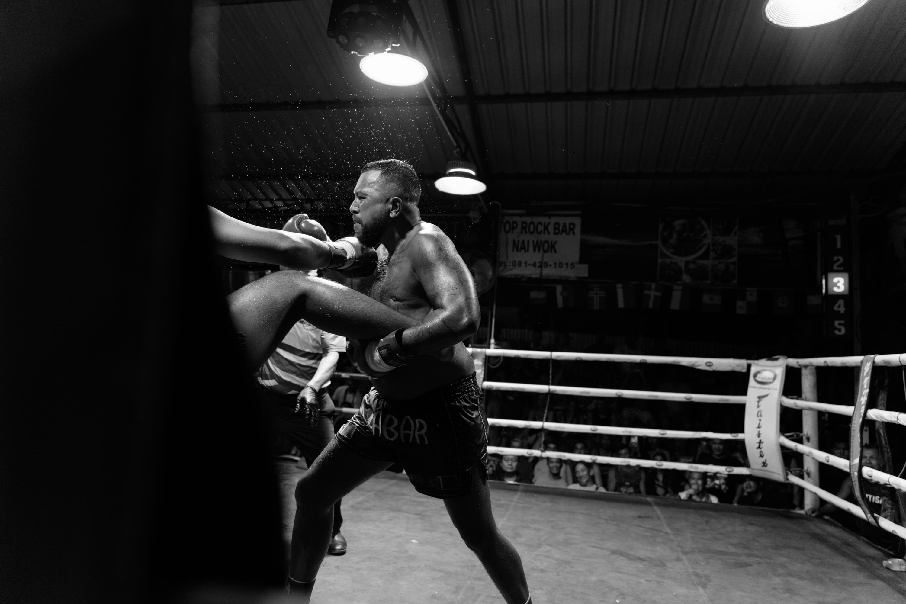 Bearded Muay Thai fighter catches an opponent's kick in a dramatic black and white photo.